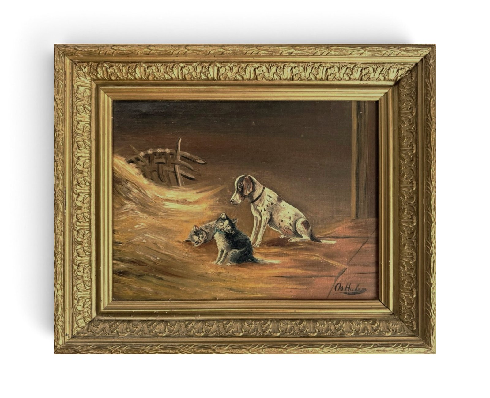 Antique Dog and Kittens Oil Painting, Early 20th C 